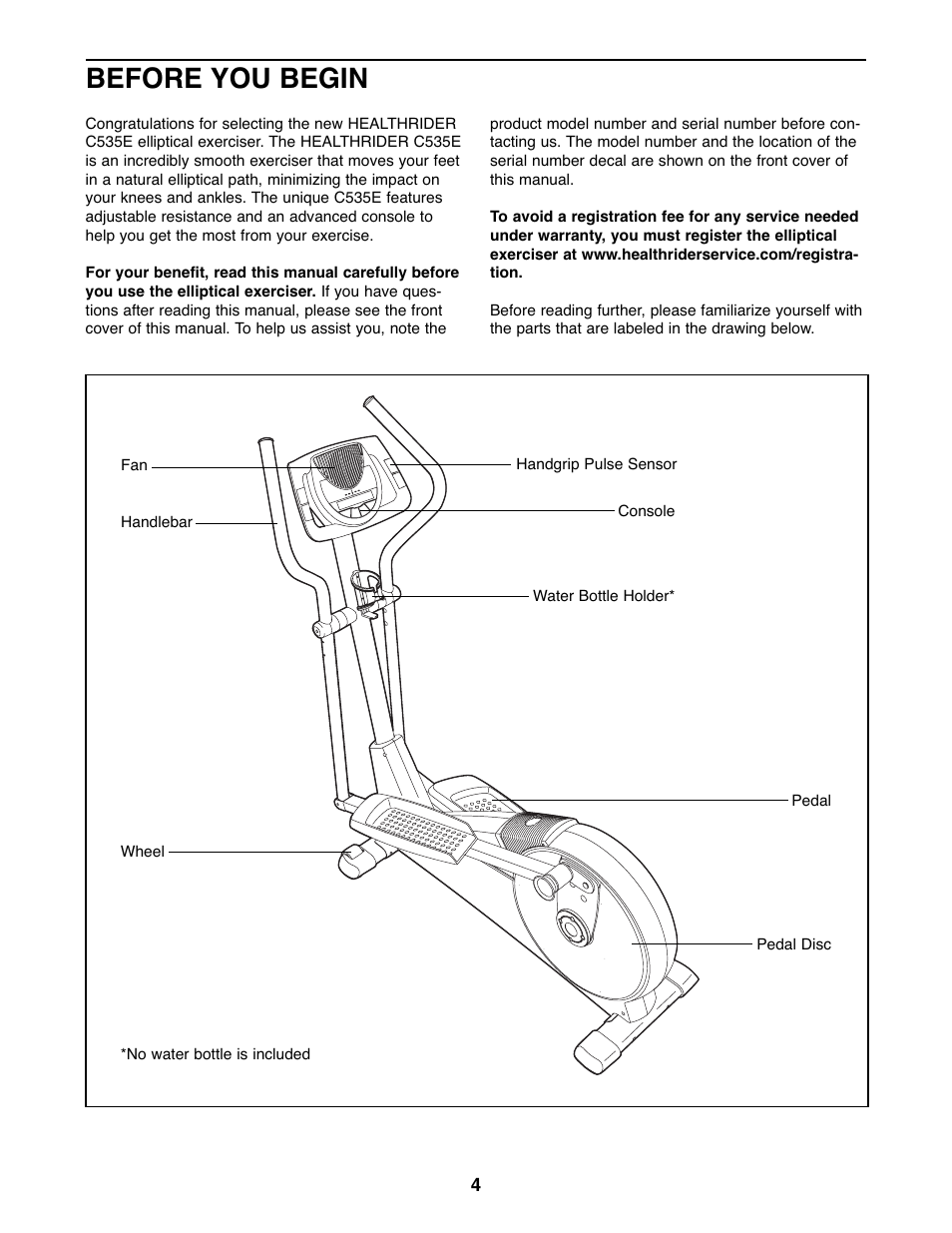 Before you begin | Healthrider C535E Elliptical Exerciser HREL32907.0 User Manual | Page 4 / 24