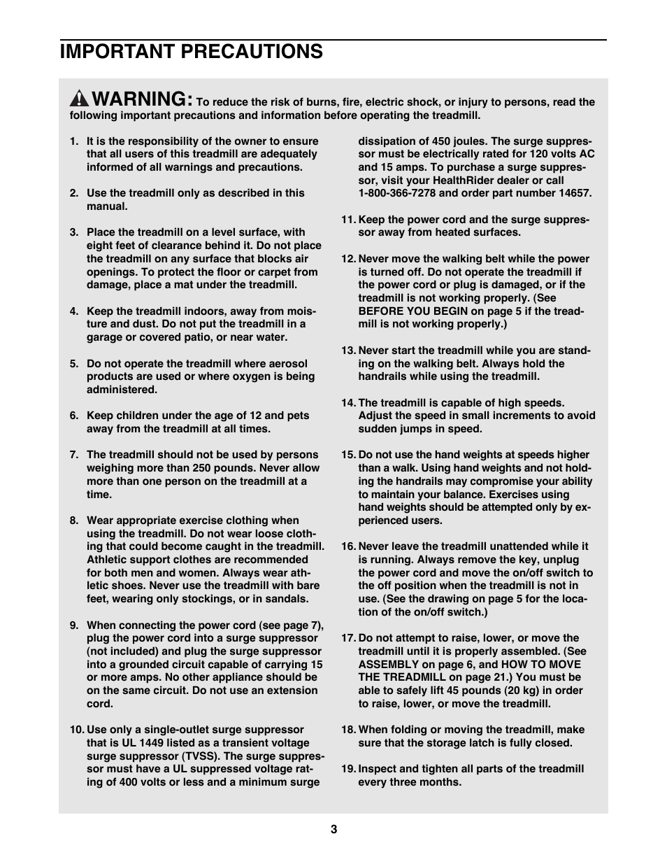 Warning, Important precautions | Healthrider 831.299300 User Manual | Page 3 / 30