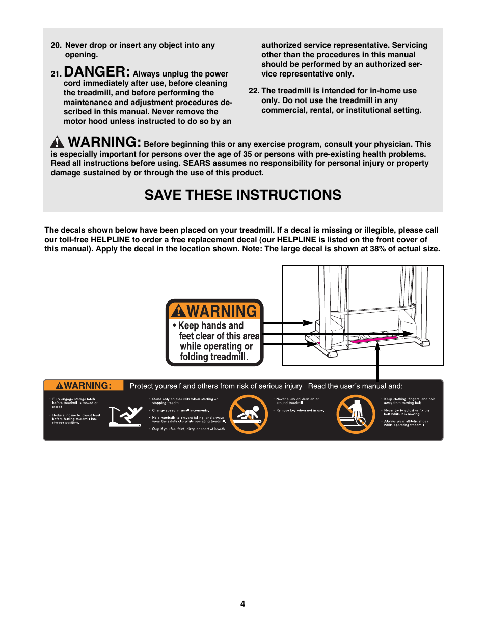 Danger, Warning, Save these instructions | Healthrider 831.299300 User Manual | Page 4 / 30