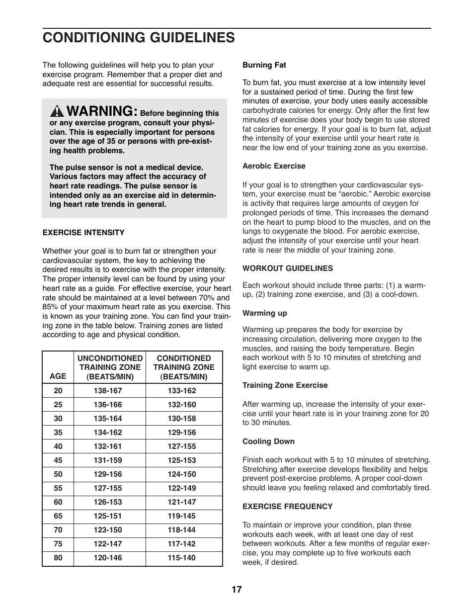 Conditioning guidelines warning | Healthrider HREL11900 User Manual | Page 17 / 20