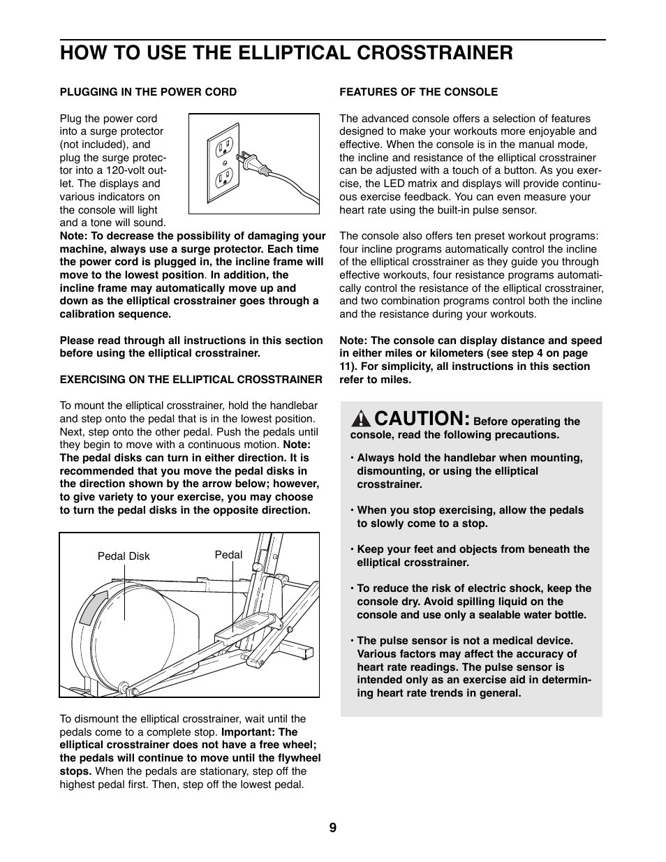 How to use the elliptical crosstrainer, Caution | Healthrider HREL11900 User Manual | Page 9 / 20