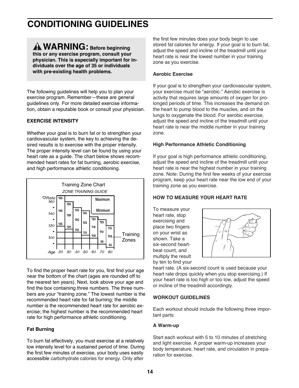 Conditioning guidelines, Warning | Healthrider 831.297830 User Manual | Page 14 / 19