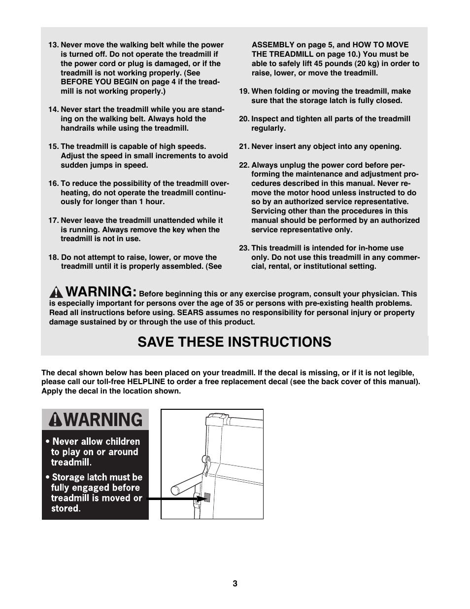 Warning, Save these instructions | Healthrider 831.297830 User Manual | Page 3 / 19