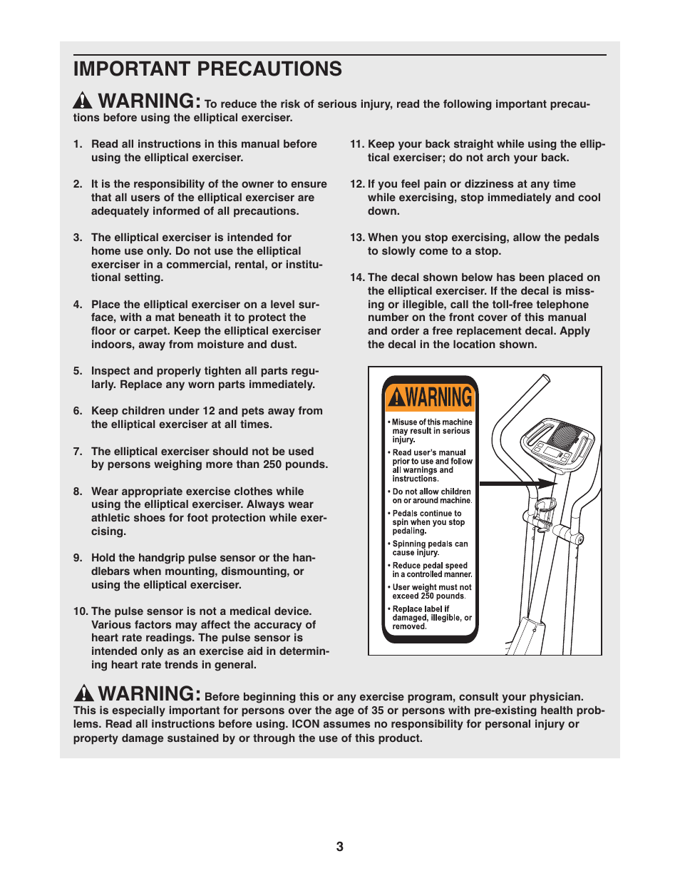 Important precautions warning, Warning | Healthrider C515e HREL3006.0 User Manual | Page 3 / 20