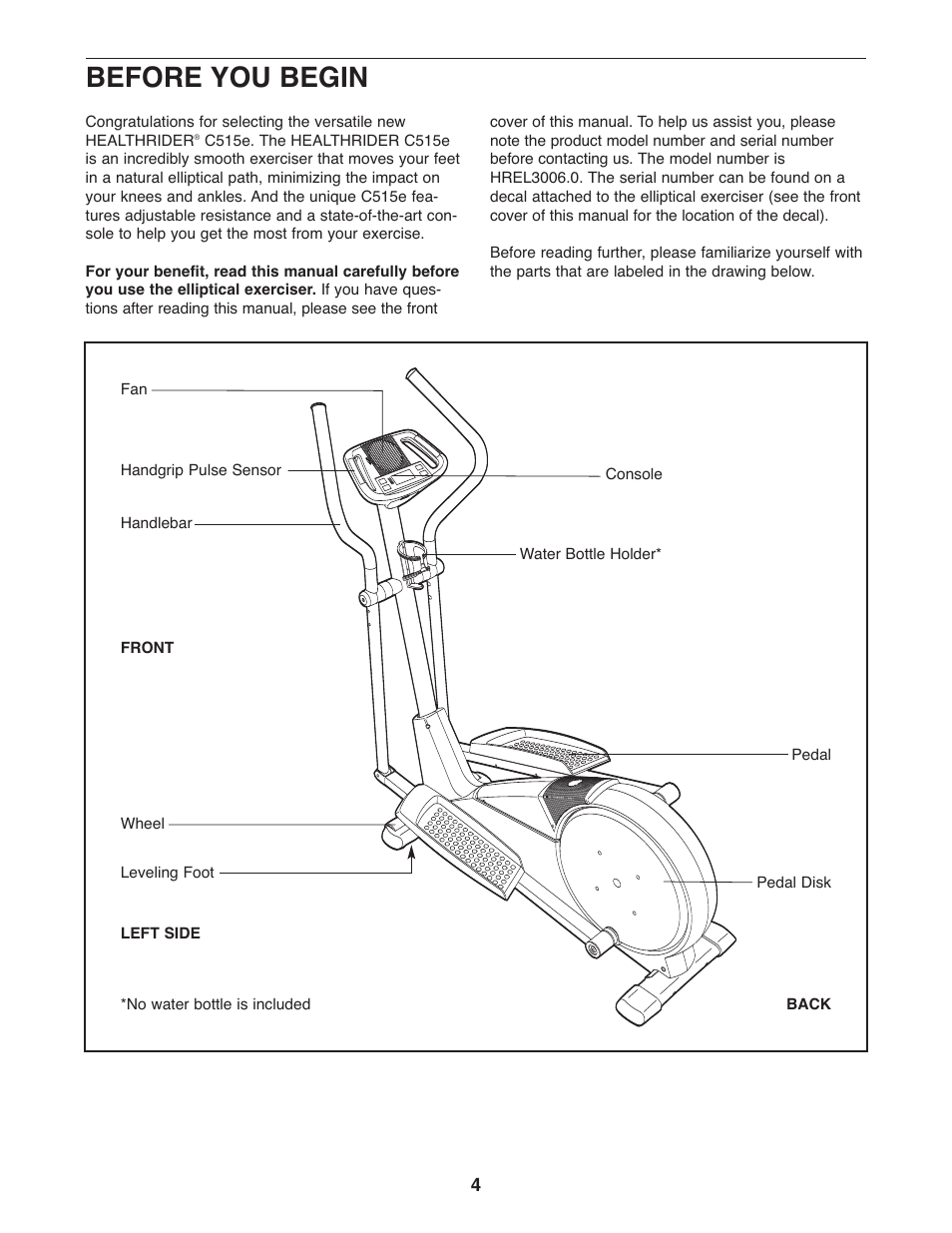 Before you begin | Healthrider C515e HREL3006.0 User Manual | Page 4 / 20