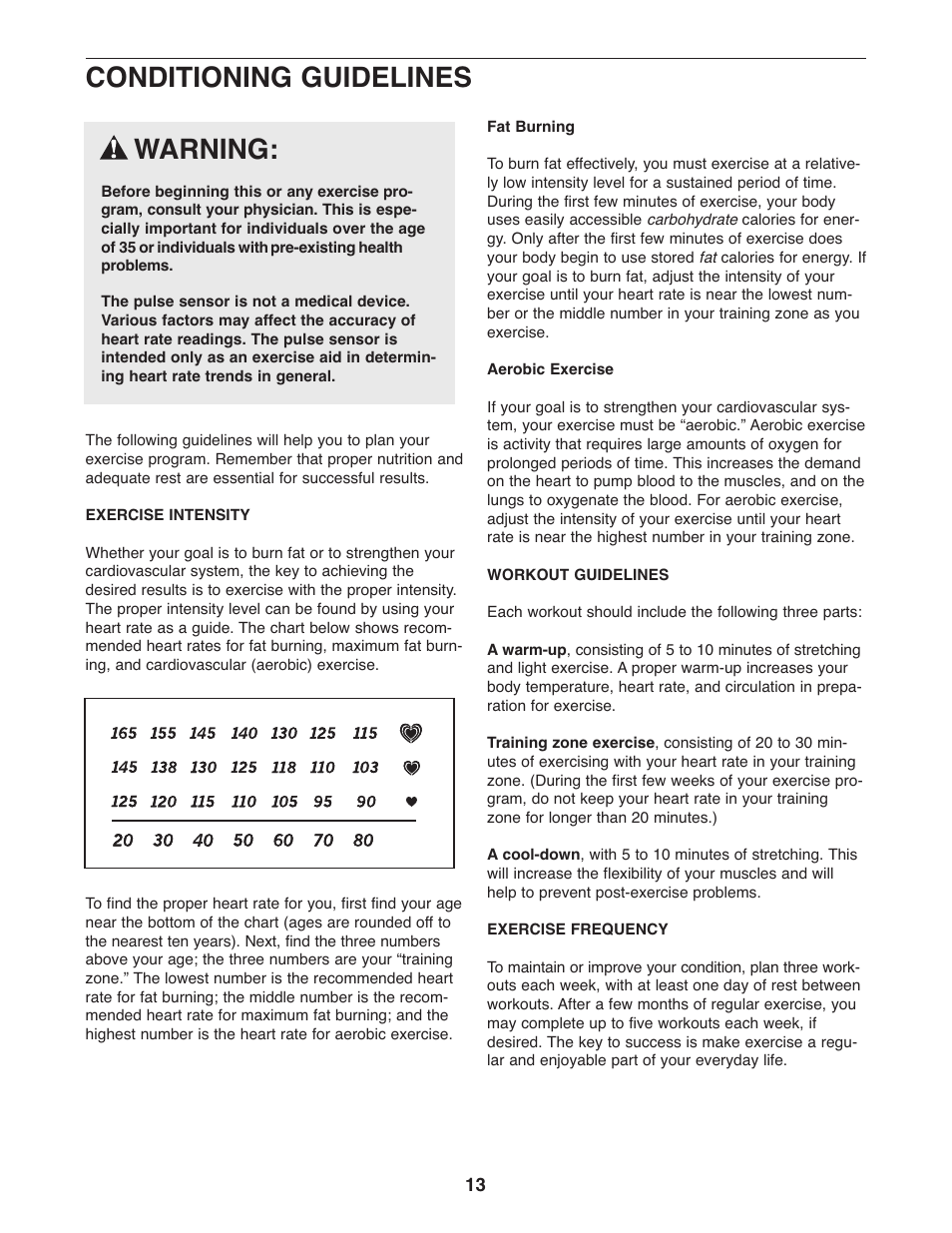 Warning, Conditioning guidelines | Healthrider HREL2005.0 User Manual | Page 13 / 16