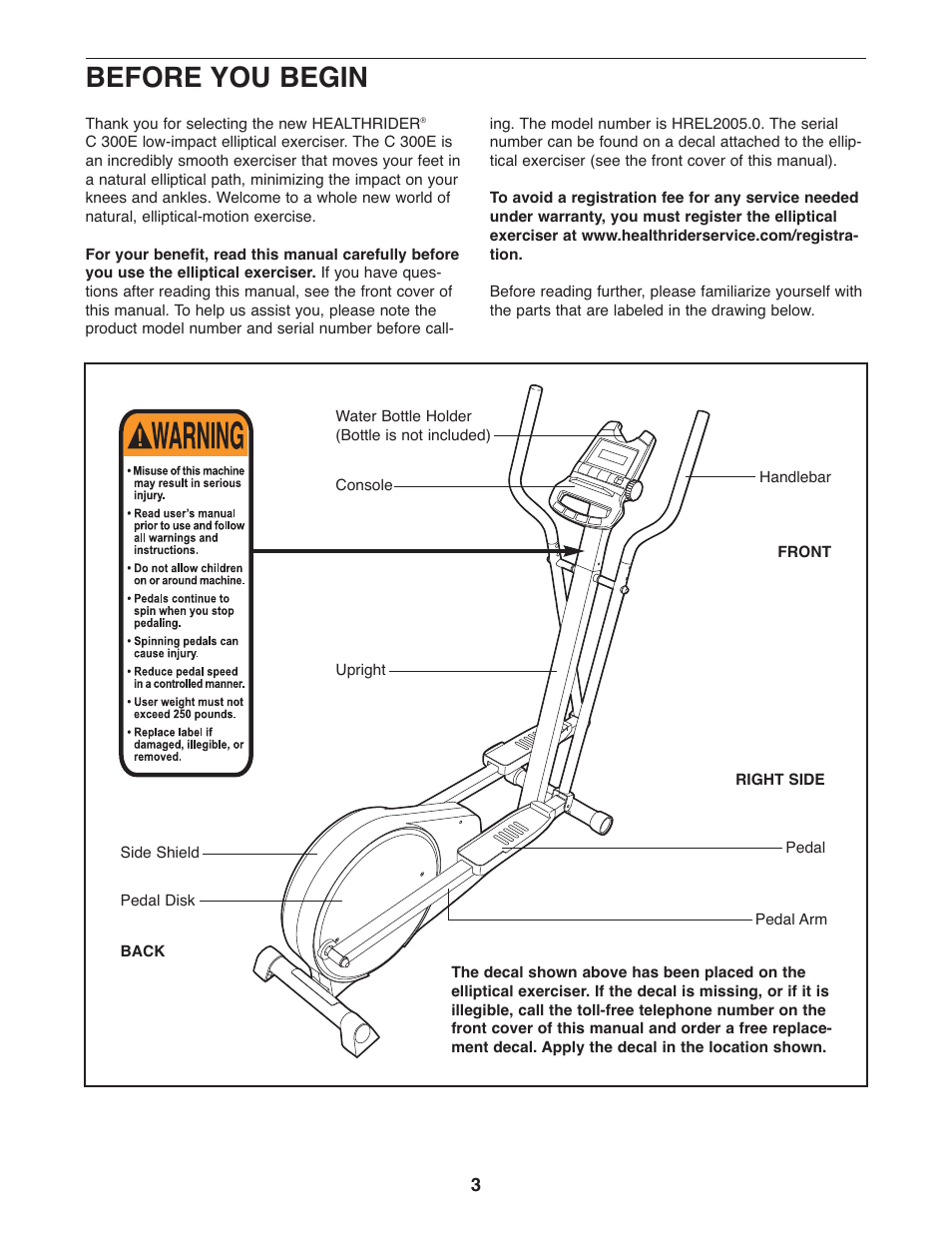 Before you begin | Healthrider HREL2005.0 User Manual | Page 3 / 16