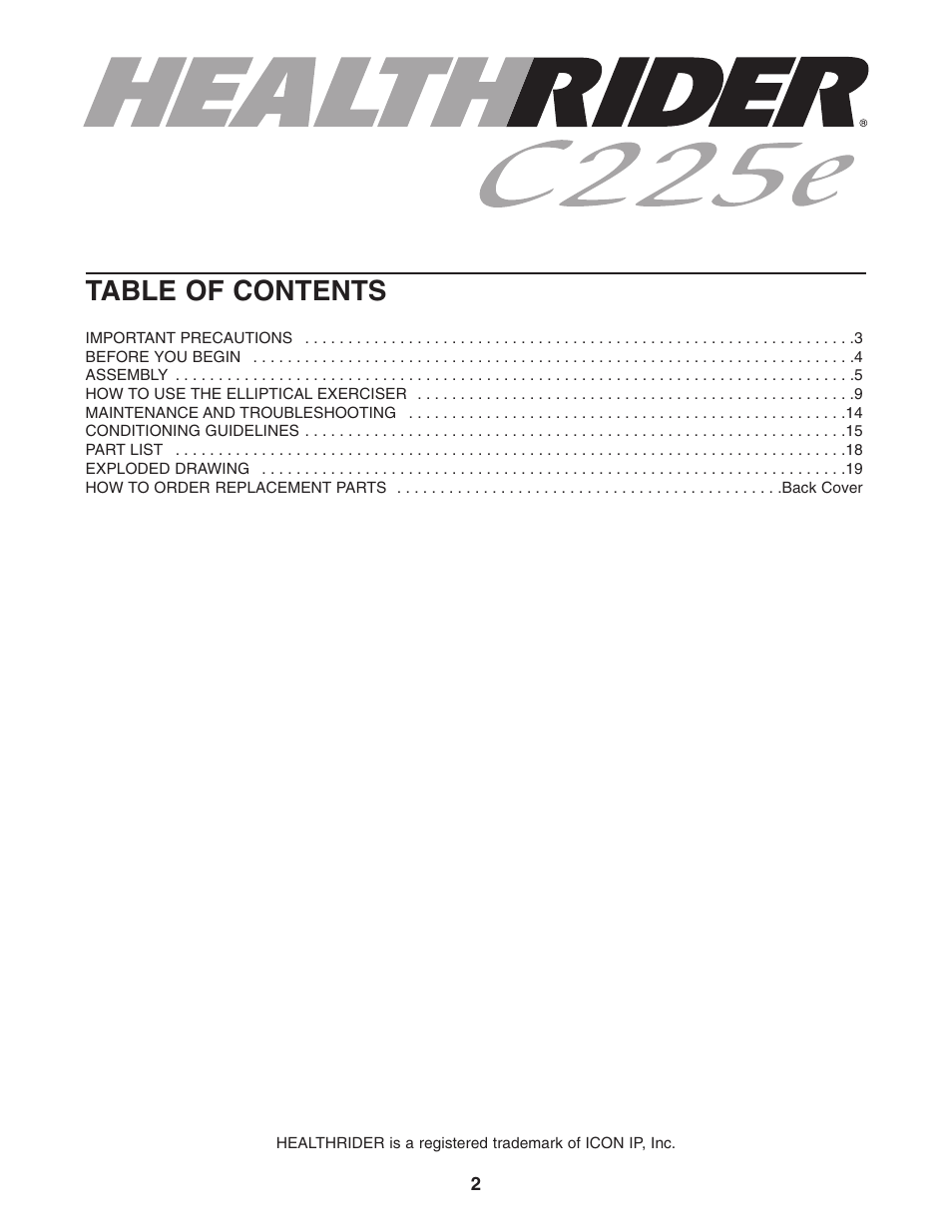 Healthrider C225e HRMSEL2105.0 User Manual | Page 2 / 20