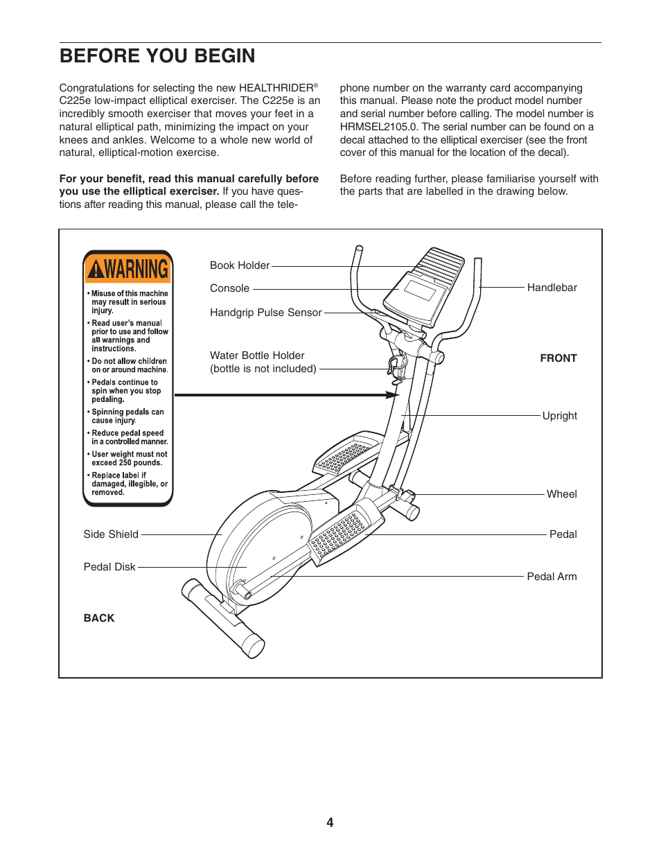 Before you begin | Healthrider C225e HRMSEL2105.0 User Manual | Page 4 / 20