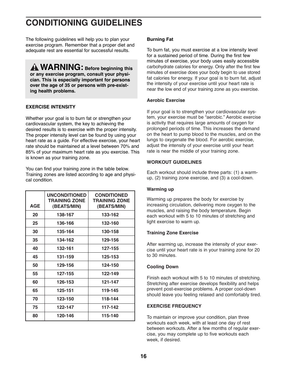 Conditioning guidelines warning | Healthrider E660 Elliptical Crosstrainer HREL09984 User Manual | Page 16 / 20