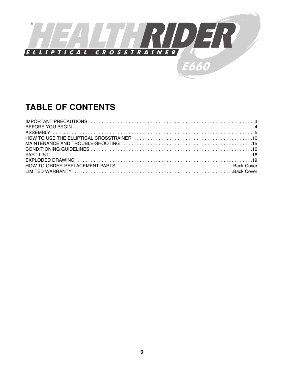 Healthrider E660 Elliptical Crosstrainer HREL09984 User Manual | Page 2 / 20