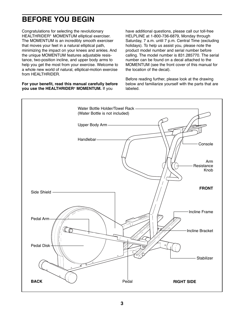 Before you begin | Healthrider 831.285770 User Manual | Page 3 / 16