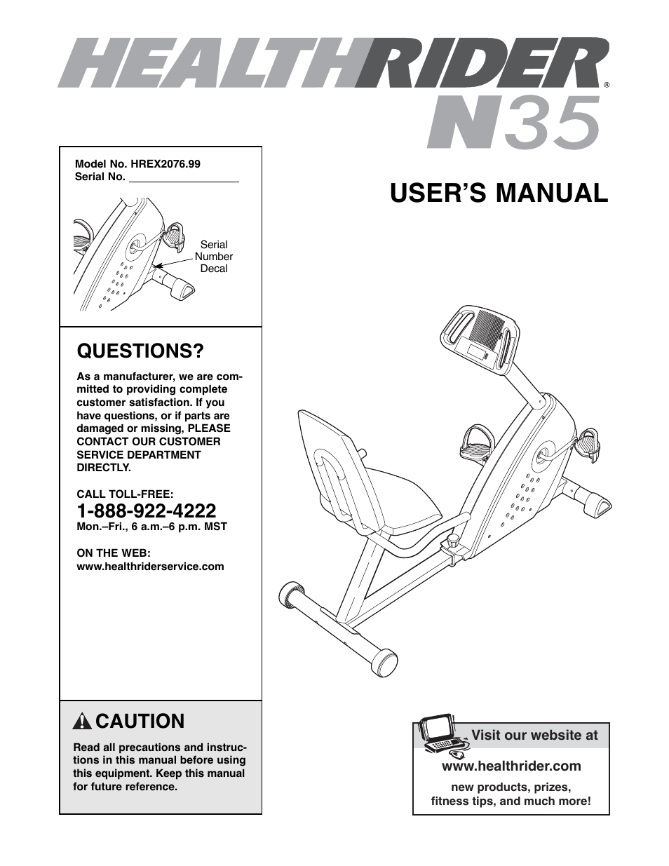 Healthrider N35 HREX2076.99 User Manual | 16 pages