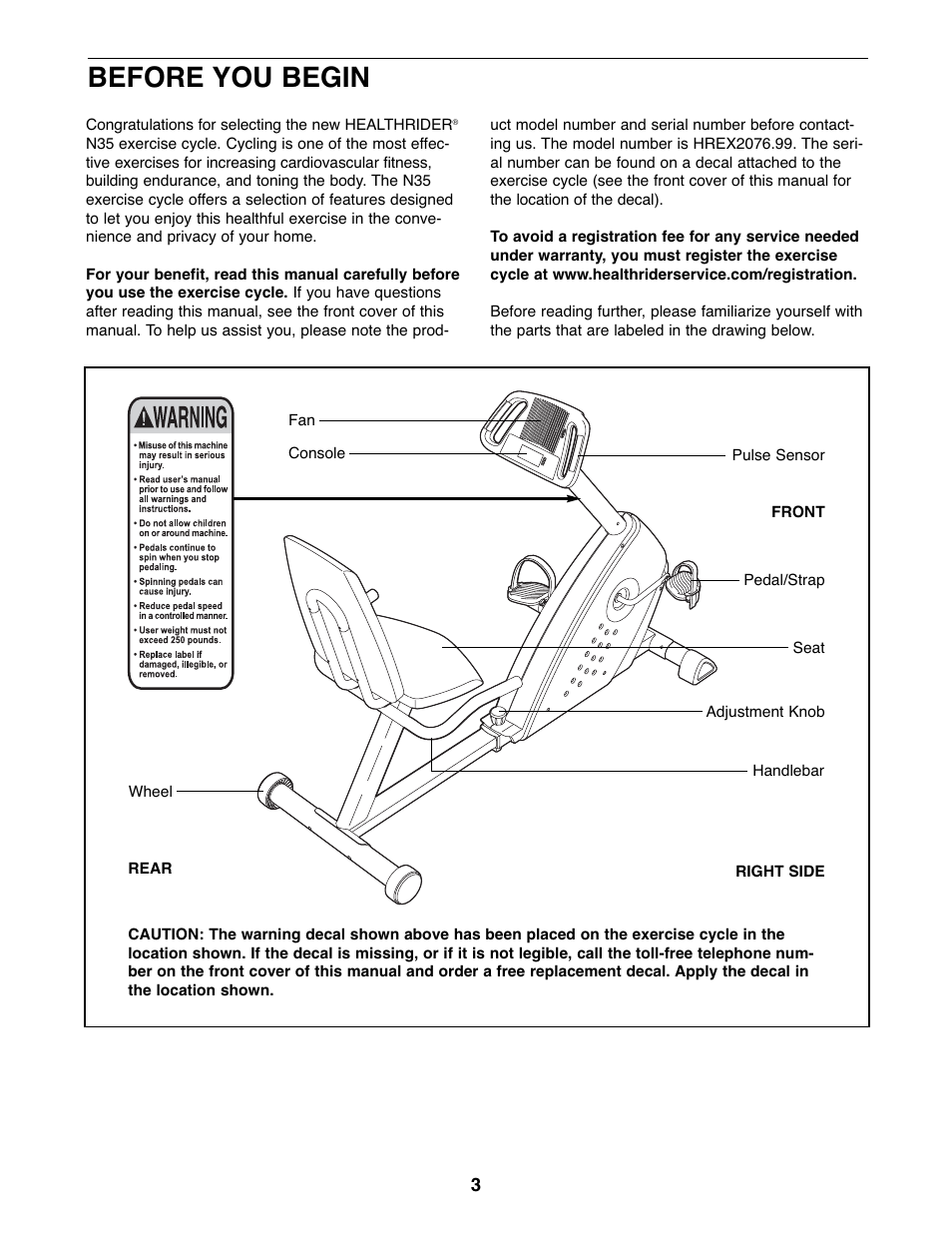 Before you begin | Healthrider N35 HREX2076.99 User Manual | Page 3 / 16