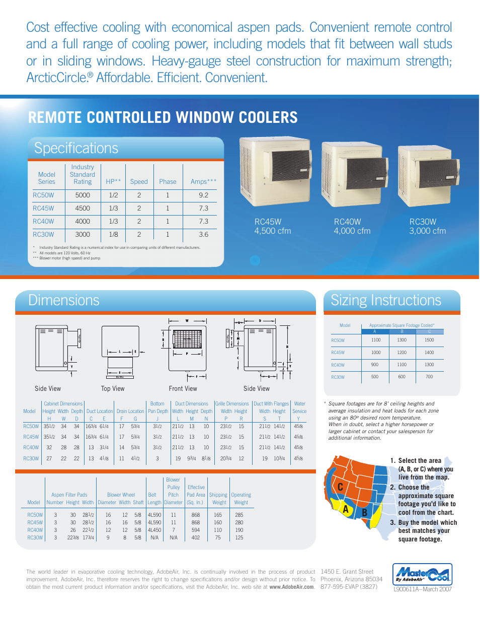 Remote controlled window coolers, Specifications, Dimensions sizing instructions | Affordable. efficient. convenient, Ab c | AdobeAir RC50W User Manual | Page 2 / 2