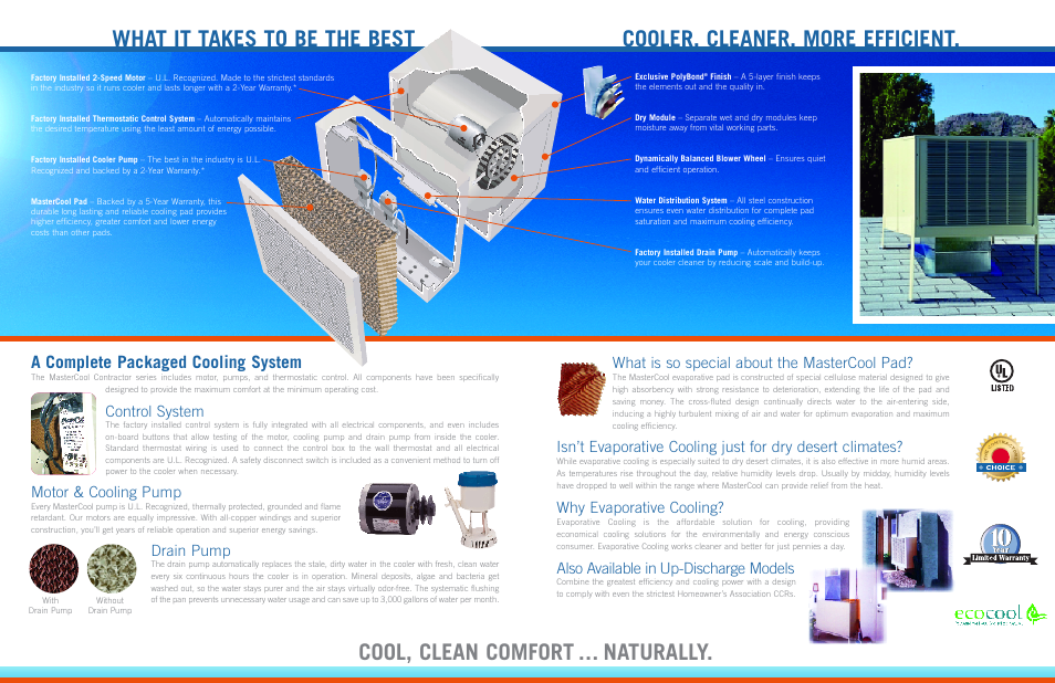 A complete packaged cooling system, Control system, Motor & cooling pump | Drain pump, What is so special about the mastercool pad, Why evaporative cooling, Also available in up-discharge models | AdobeAir CMC642 User Manual | Page 2 / 2