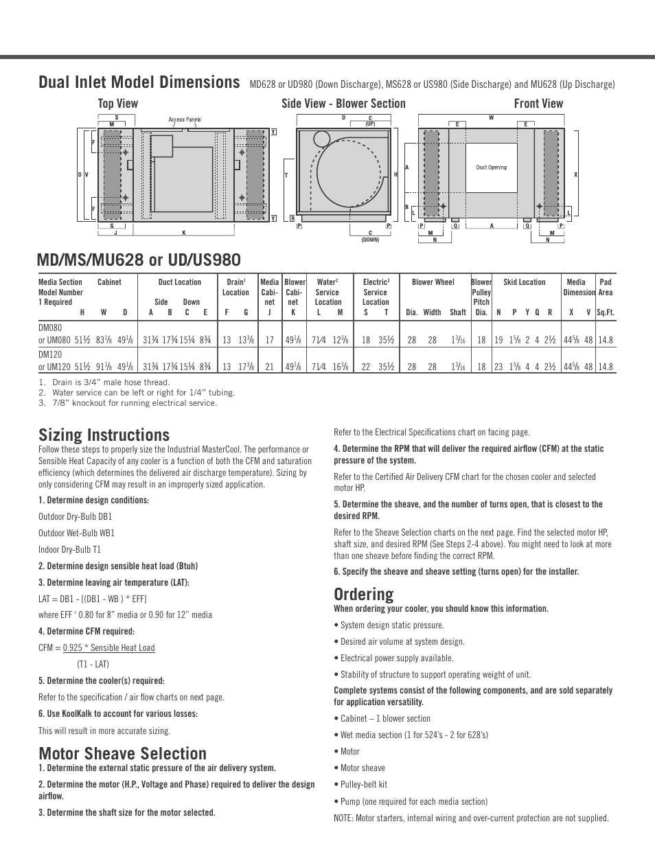 Dual inlet model dimensions, Motor sheave selection, Ordering | AdobeAir MD628 User Manual | Page 5 / 8