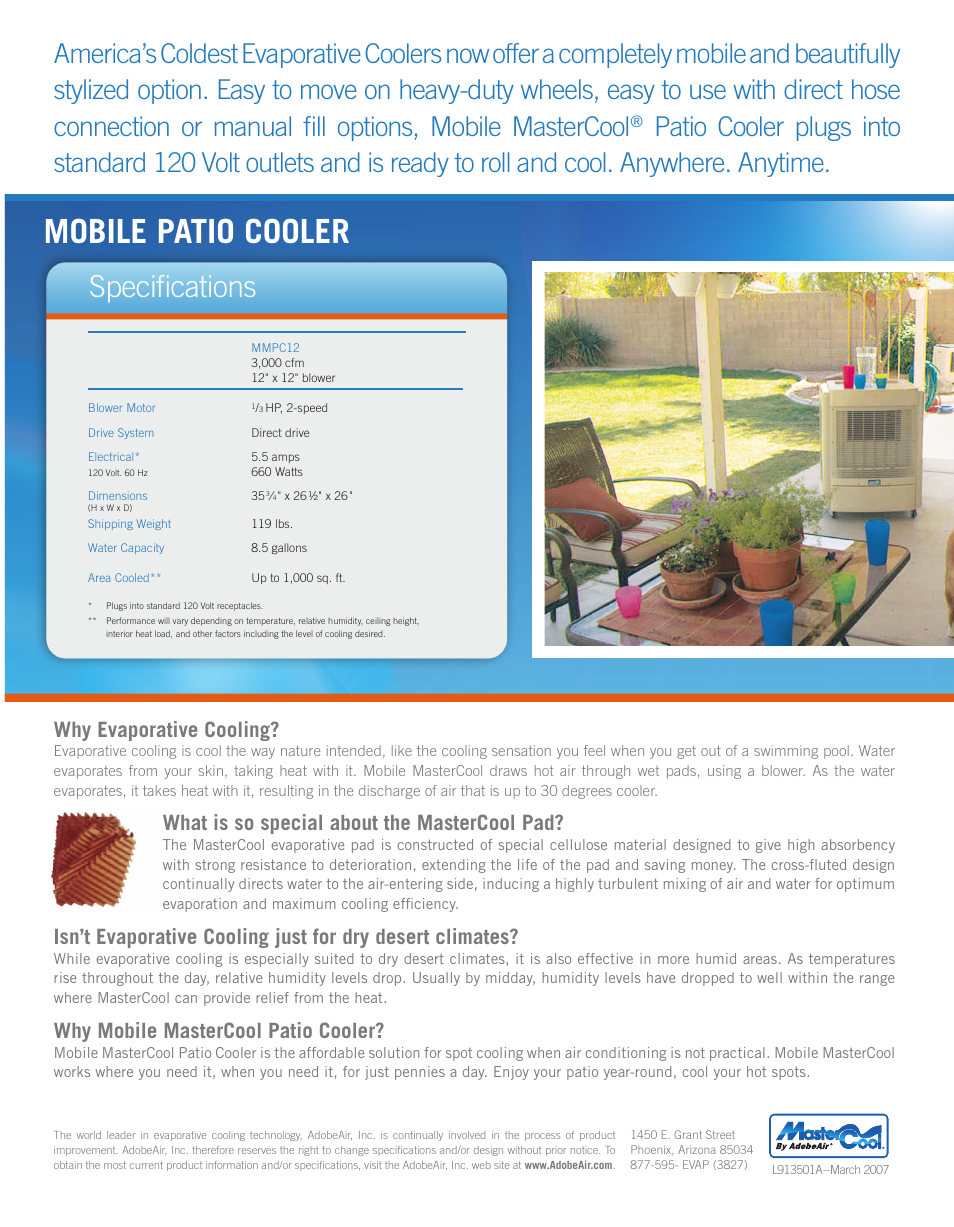 Mobile patio cooler, Specifications, Why evaporative cooling | What is so special about the mastercool pad, Why mobile mastercool patio cooler | AdobeAir MMPC12A User Manual | Page 2 / 2
