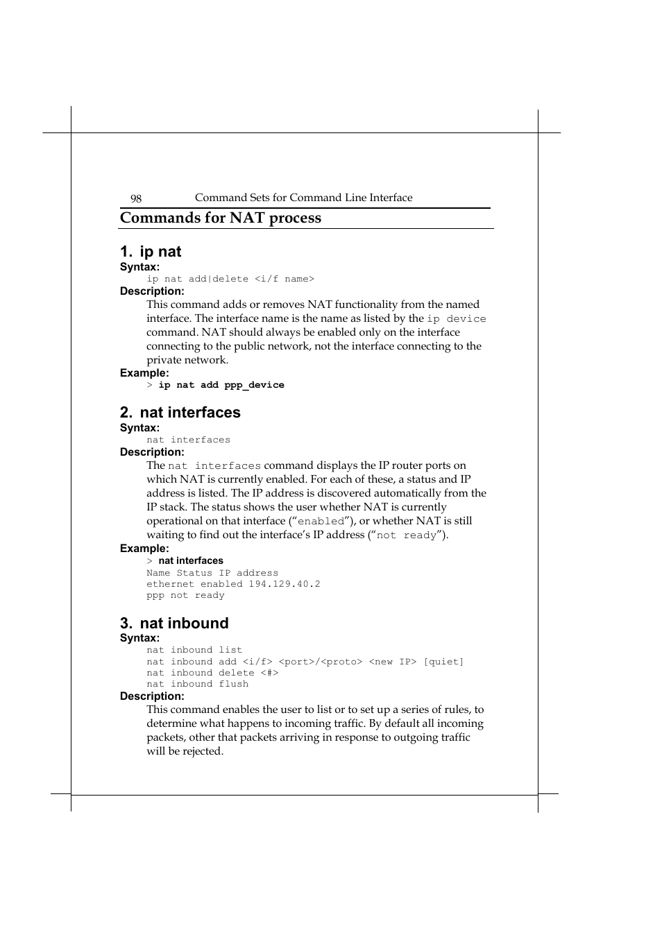 Commands for nat process, Ip nat, Nat interfaces | Nat inbound | Heritage Kayaks Heritage Series User Manual | Page 103 / 164