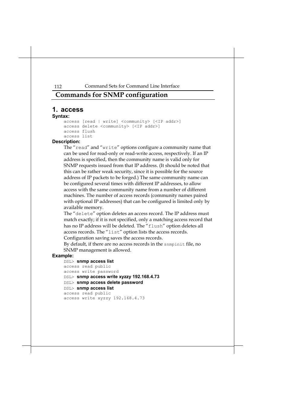Commands for snmp configuration, Access | Heritage Kayaks Heritage Series User Manual | Page 117 / 164