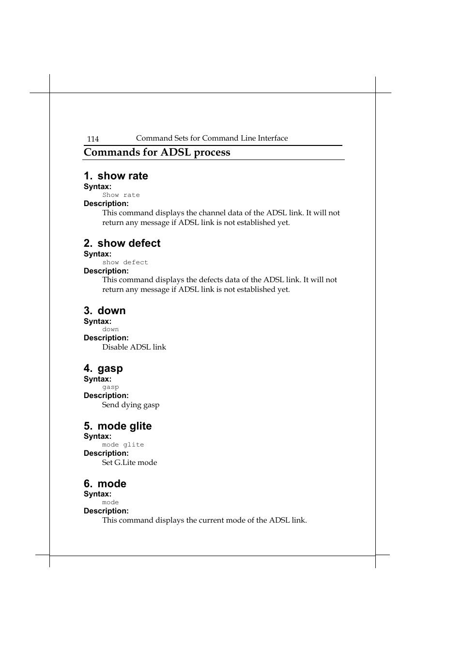 Commands for adsl process, Show rate, Show defect | Down, Gasp, Mode glite, Mode | Heritage Kayaks Heritage Series User Manual | Page 119 / 164
