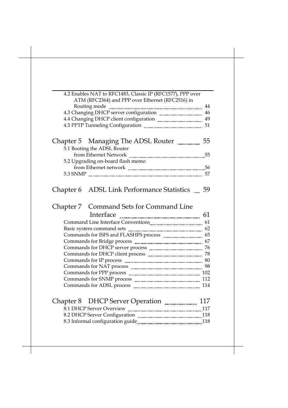 Chapter 5 managing the adsl router 55, Chapter 8 dhcp server operation 117 | Heritage Kayaks Heritage Series User Manual | Page 4 / 164