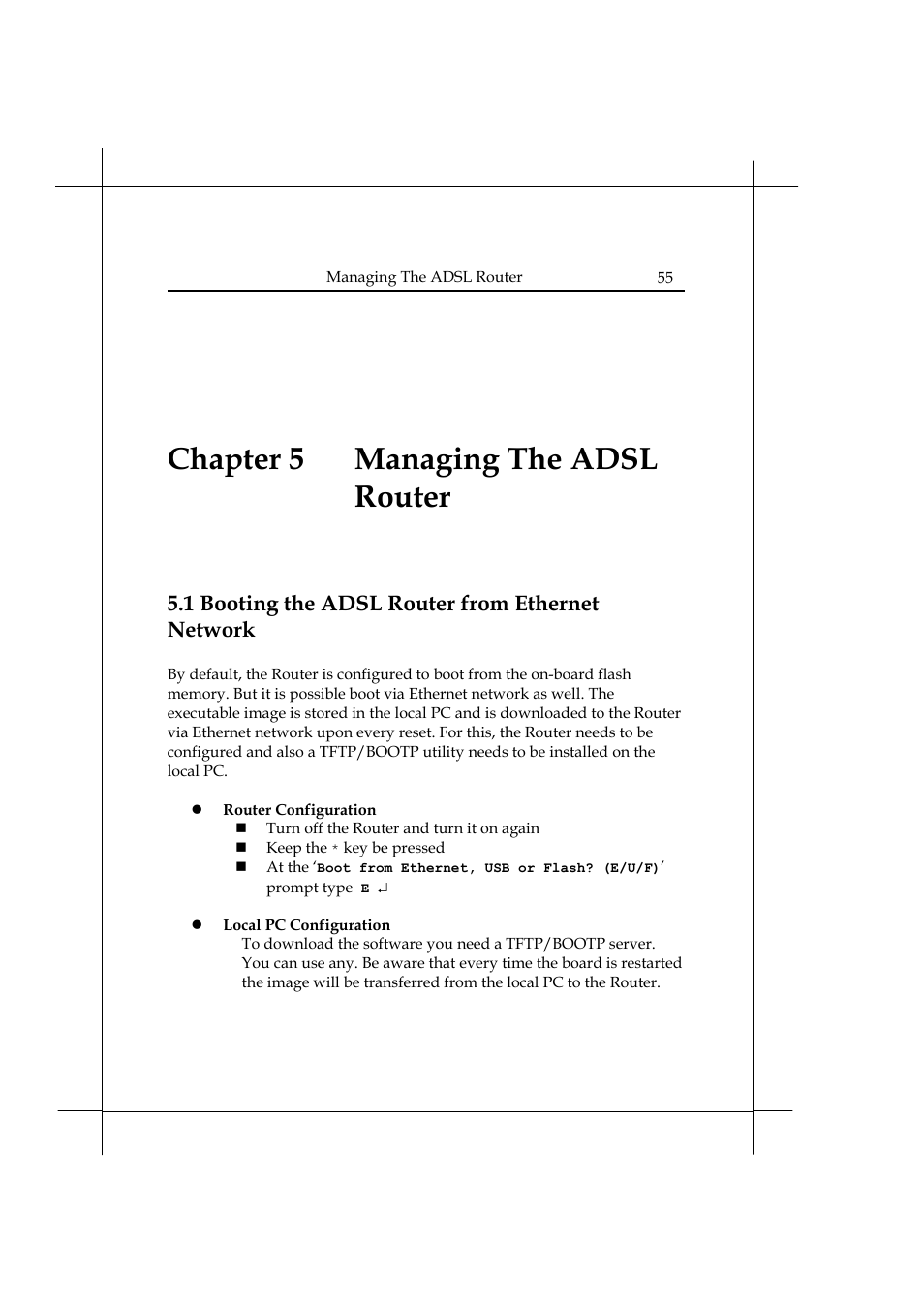 Chapter 5 managing the adsl router, 1 booting the adsl router from ethernet network | Heritage Kayaks Heritage Series User Manual | Page 60 / 164