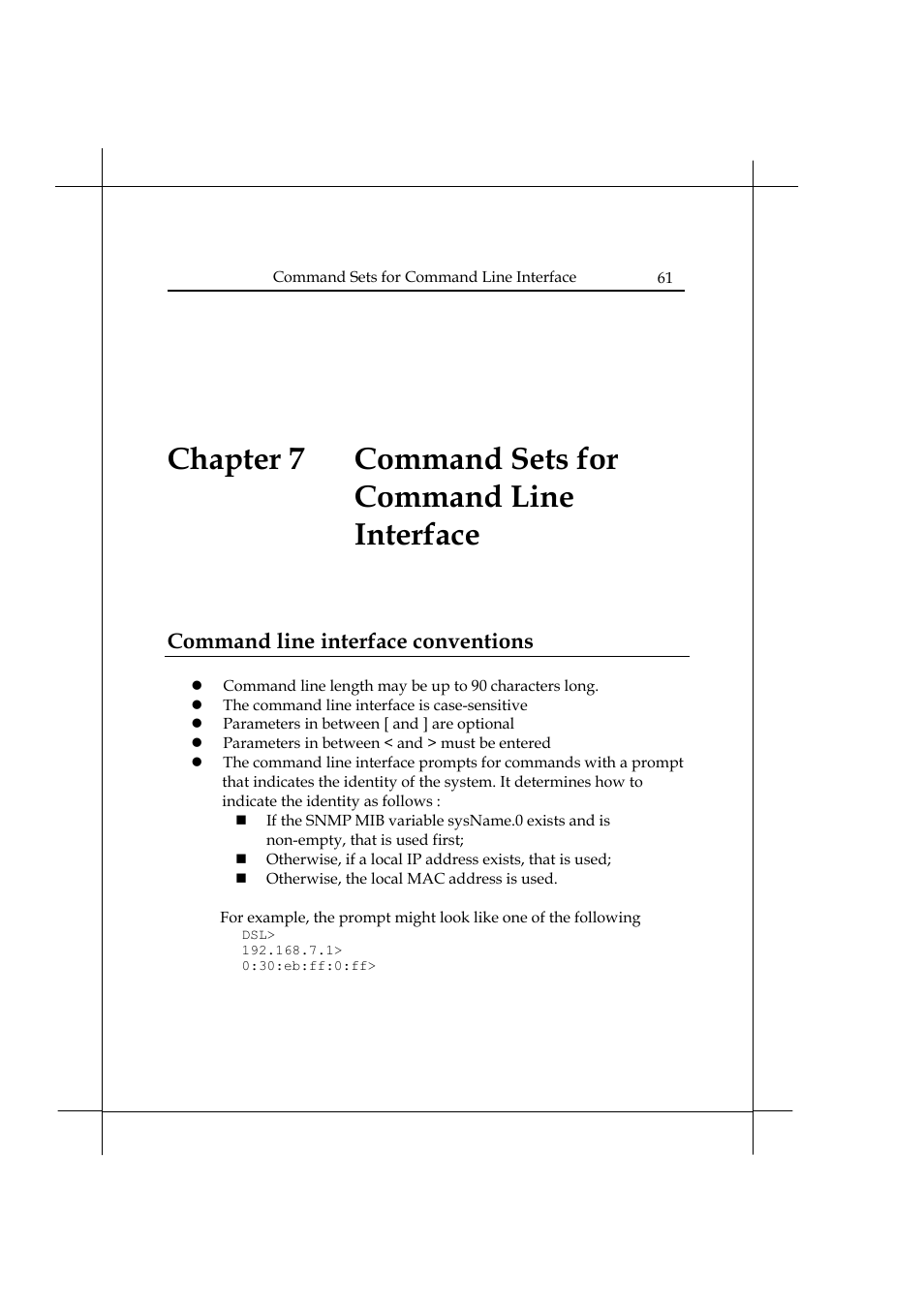 Chapter 7 command sets for command line interface, Command line interface conventions | Heritage Kayaks Heritage Series User Manual | Page 66 / 164
