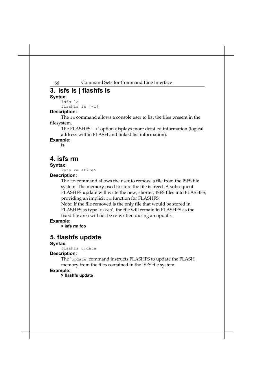 Isfs ls | flashfs ls, Isfs rm, Flashfs update | Heritage Kayaks Heritage Series User Manual | Page 71 / 164