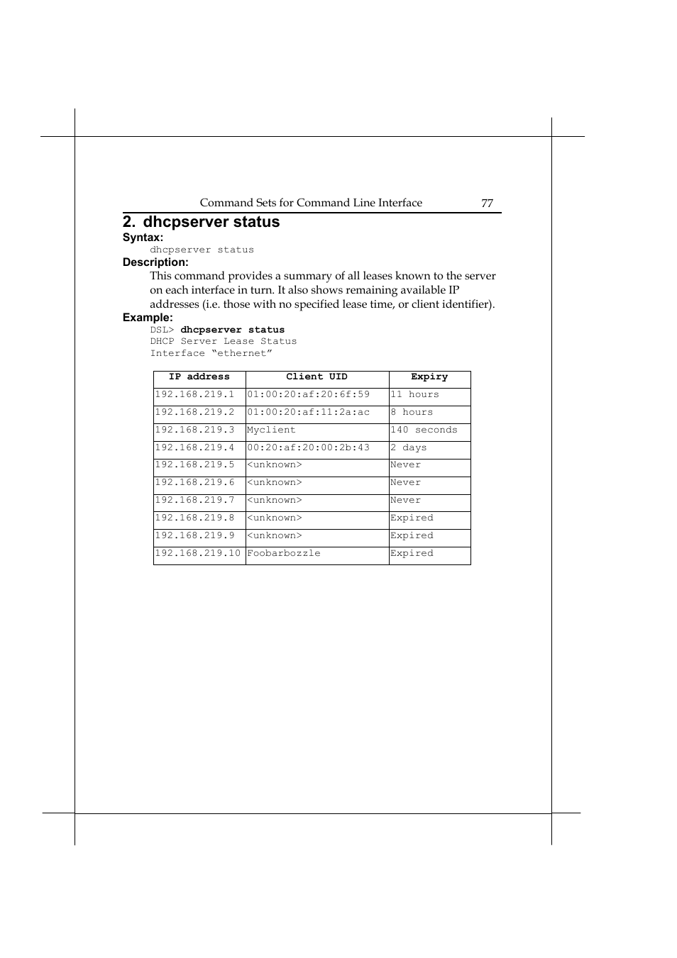 Dhcpserver status | Heritage Kayaks Heritage Series User Manual | Page 82 / 164