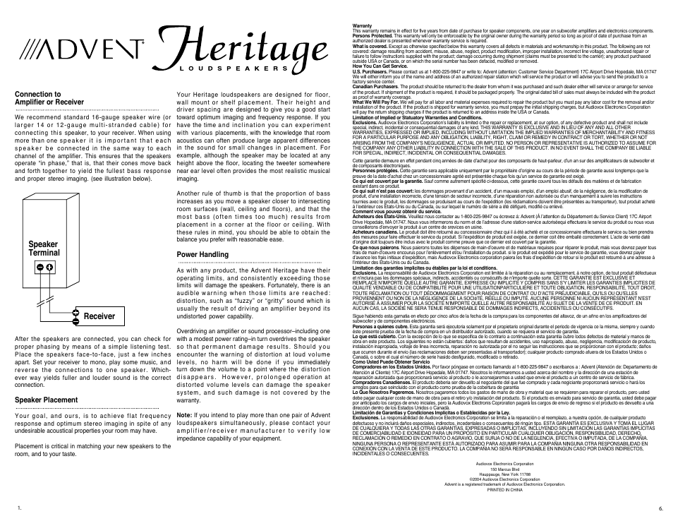 Heritage Kayaks Advent Loudspeaker User Manual | 3 pages