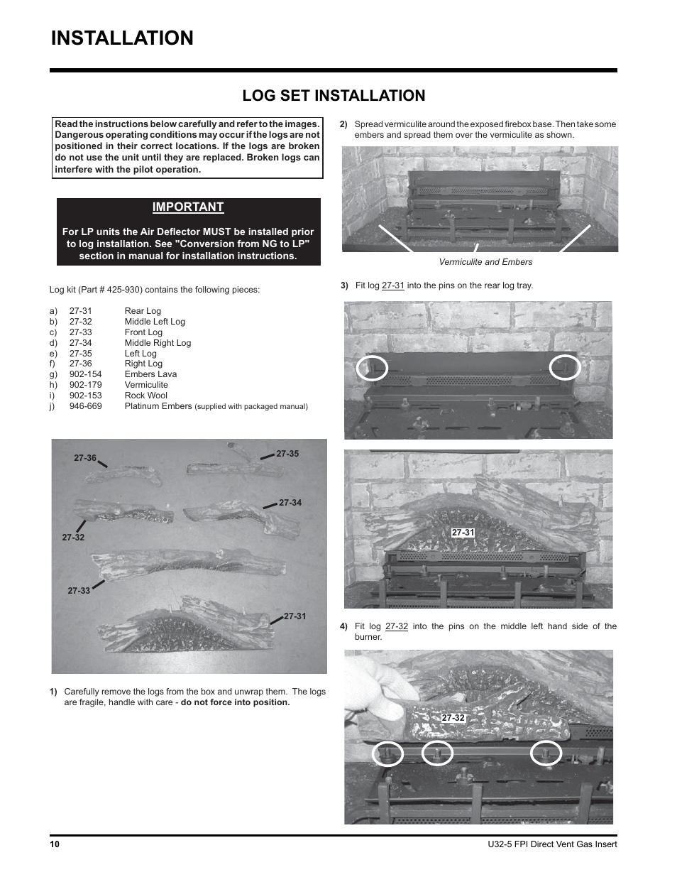 Installation, Log set installation, Important | Hampton Direct U32 User Manual | Page 10 / 40