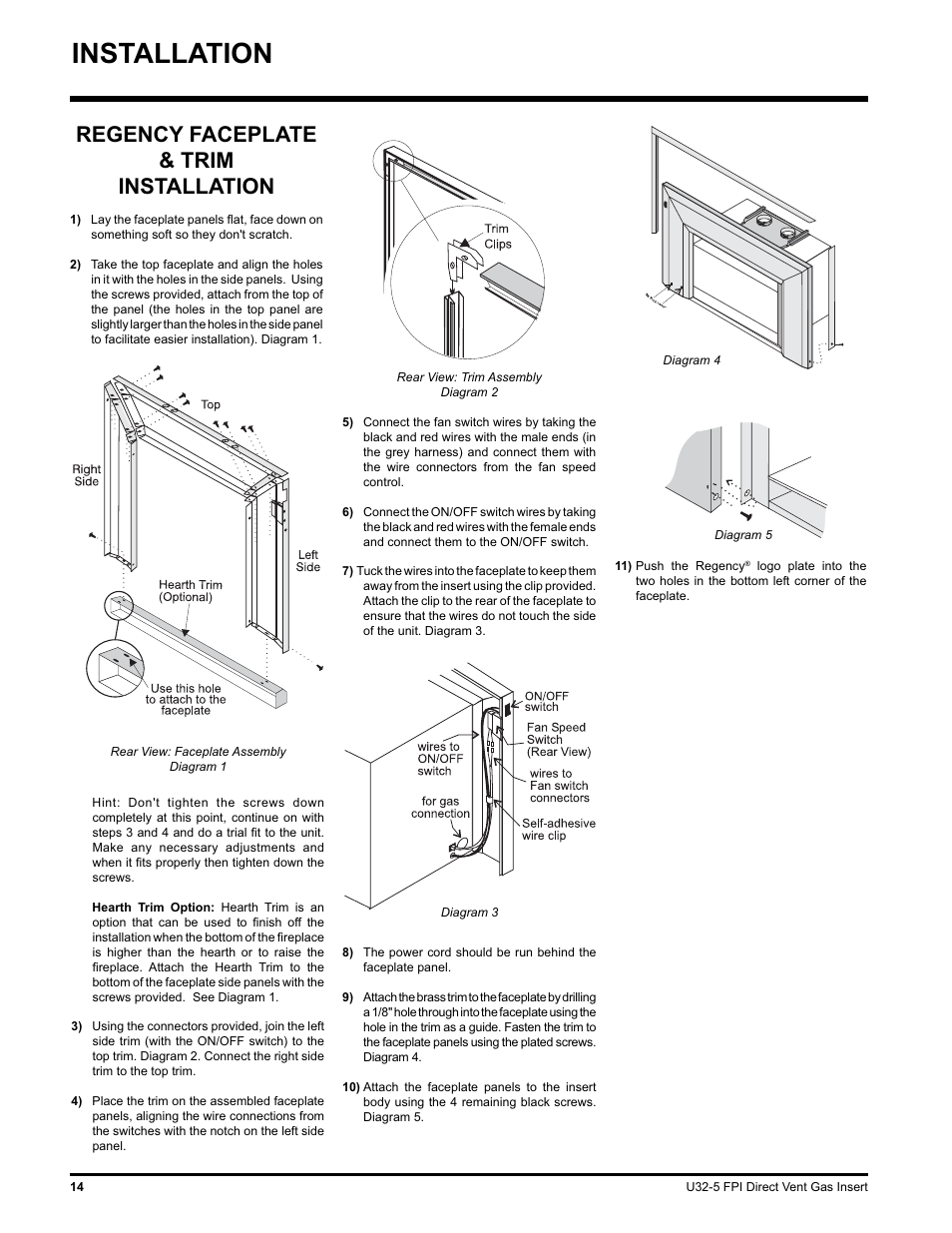 Installation, Regency faceplate & trim installation | Hampton Direct U32 User Manual | Page 14 / 40