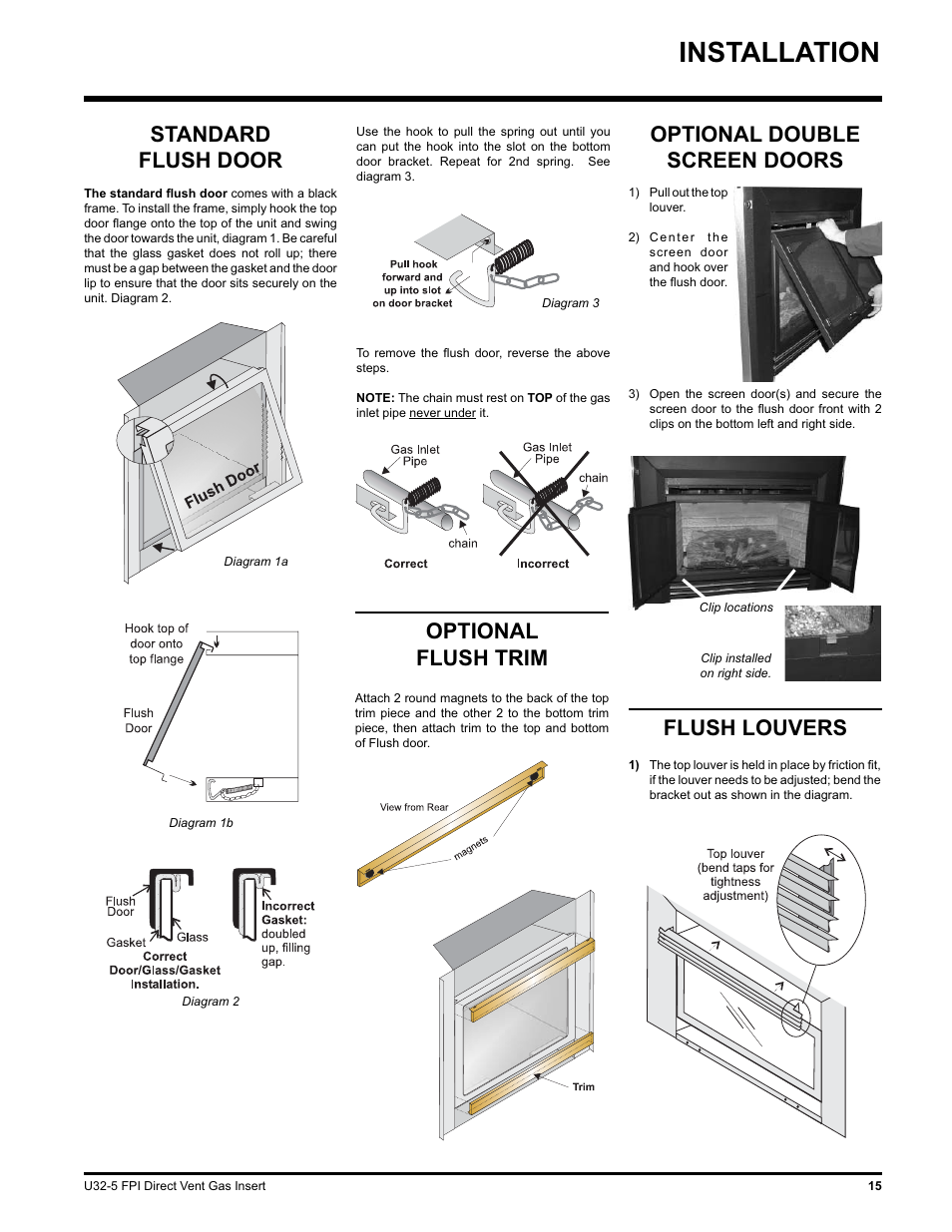Installation, Optional flush trim, Flush louvers | Standard flush door, Optional double screen doors | Hampton Direct U32 User Manual | Page 15 / 40