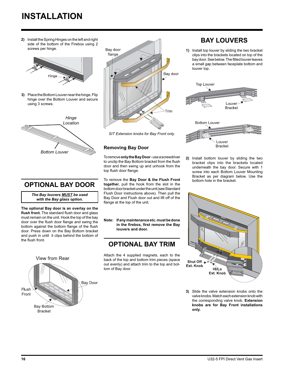 Installation, Bay louvers, Optional bay trim | Optional bay door | Hampton Direct U32 User Manual | Page 16 / 40