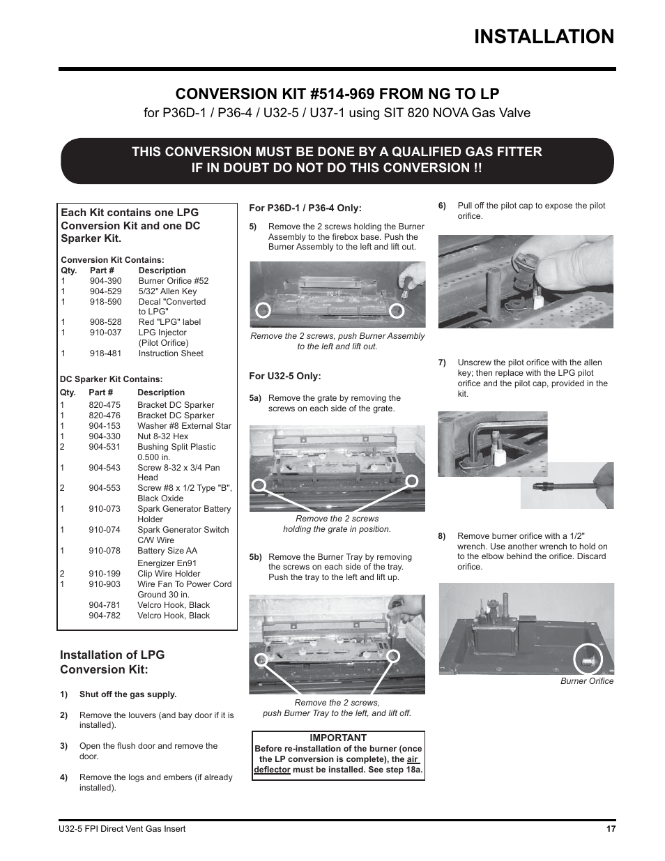 Installation, Installation of lpg conversion kit | Hampton Direct U32 User Manual | Page 17 / 40