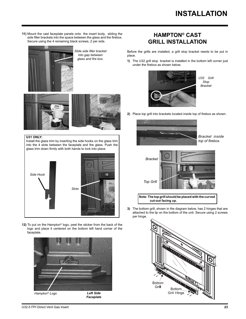 Installation, Hampton, Cast grill installation | Hampton Direct U32 User Manual | Page 23 / 40