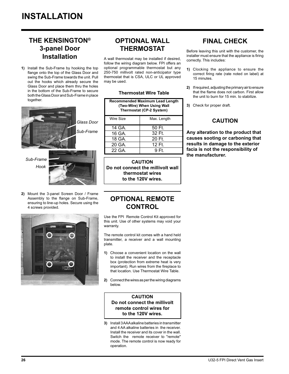 Installation, Optional remote control, Final check | Optional wall thermostat, The kensington, Panel door installation | Hampton Direct U32 User Manual | Page 26 / 40