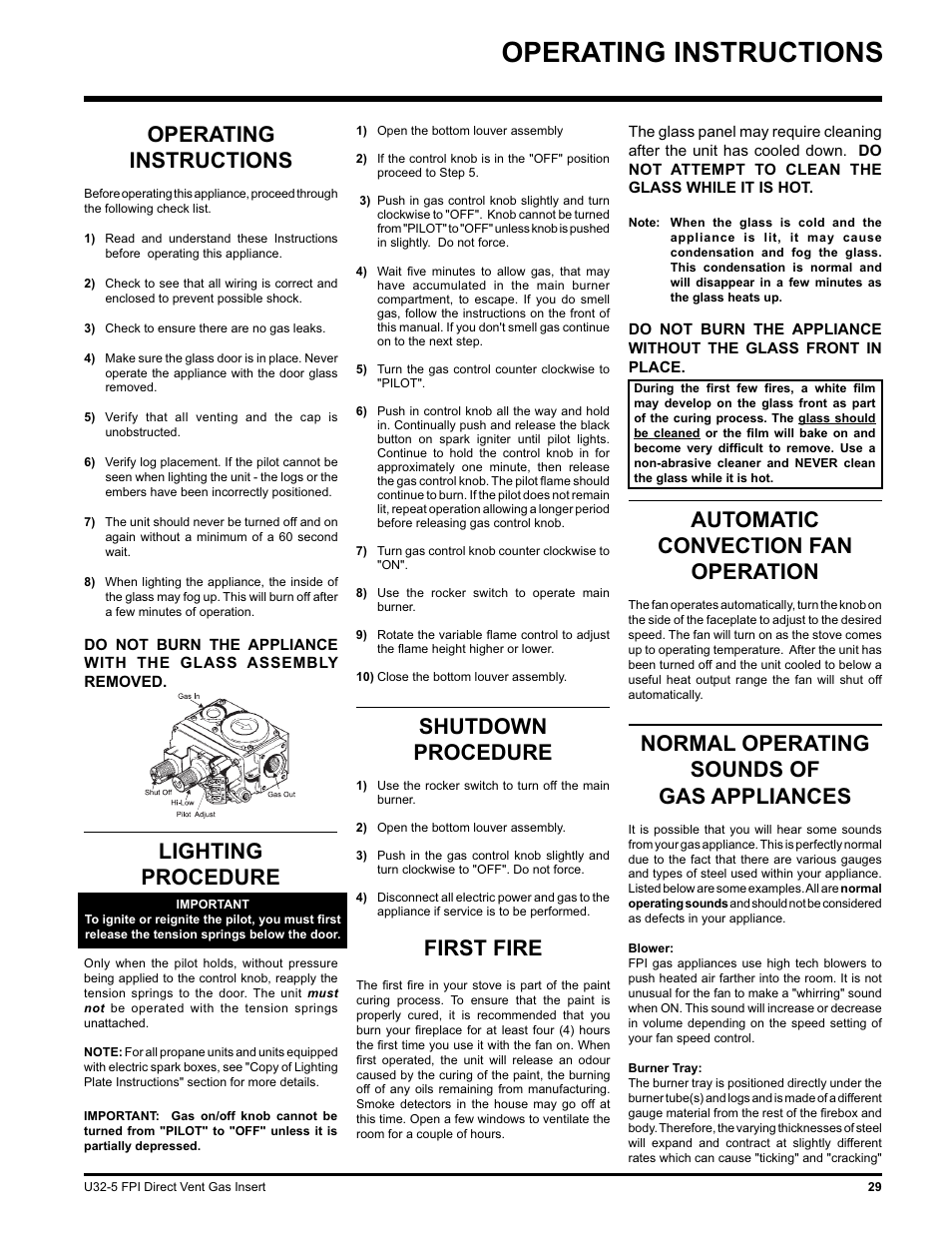 Operating instructions, Automatic convection fan operation, Normal operating sounds of gas appliances | Shutdown procedure, Lighting procedure first fire | Hampton Direct U32 User Manual | Page 29 / 40