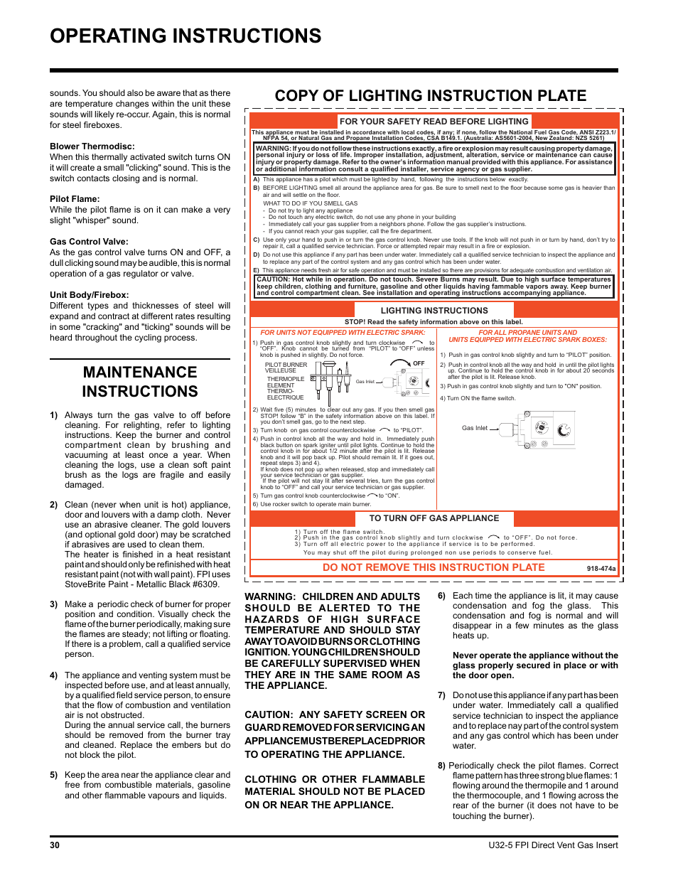 Operating instructions, Copy of lighting instruction plate, Maintenance instructions | Do not remove this instruction plate | Hampton Direct U32 User Manual | Page 30 / 40