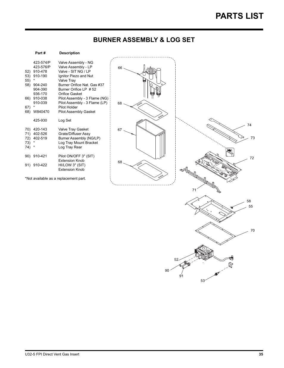 Parts list, Burner assembly & log set | Hampton Direct U32 User Manual | Page 35 / 40