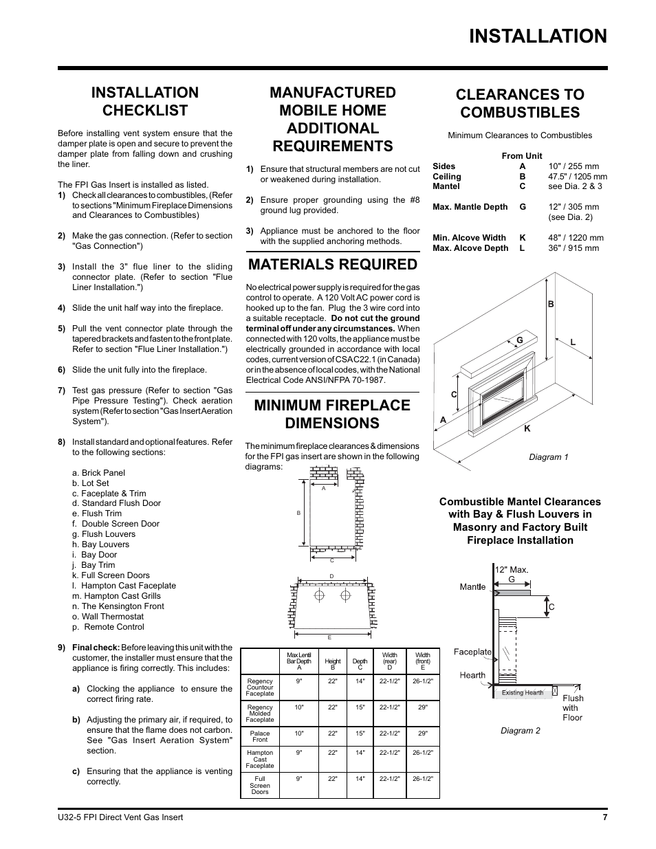 Installation, Manufactured mobile home additional requirements, Materials required | Installation checklist, Minimum fireplace dimensions, Clearances to combustibles | Hampton Direct U32 User Manual | Page 7 / 40