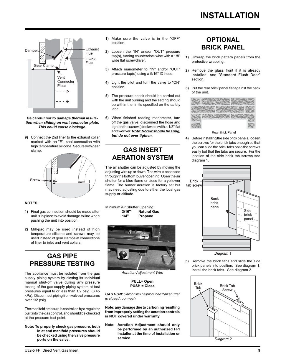 Installation, Optional brick panel, Gas pipe pressure testing | Gas insert aeration system | Hampton Direct U32 User Manual | Page 9 / 40