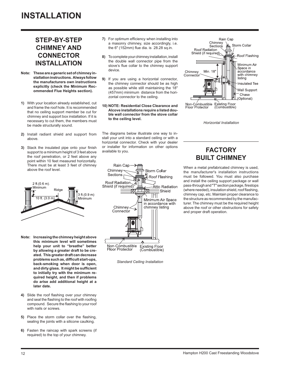 Installation, Factory built chimney, Step-by-step chimney and connector installation | Hampton Direct H200 User Manual | Page 12 / 36