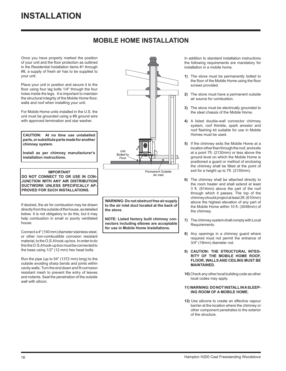Installation, Mobile home installation | Hampton Direct H200 User Manual | Page 16 / 36