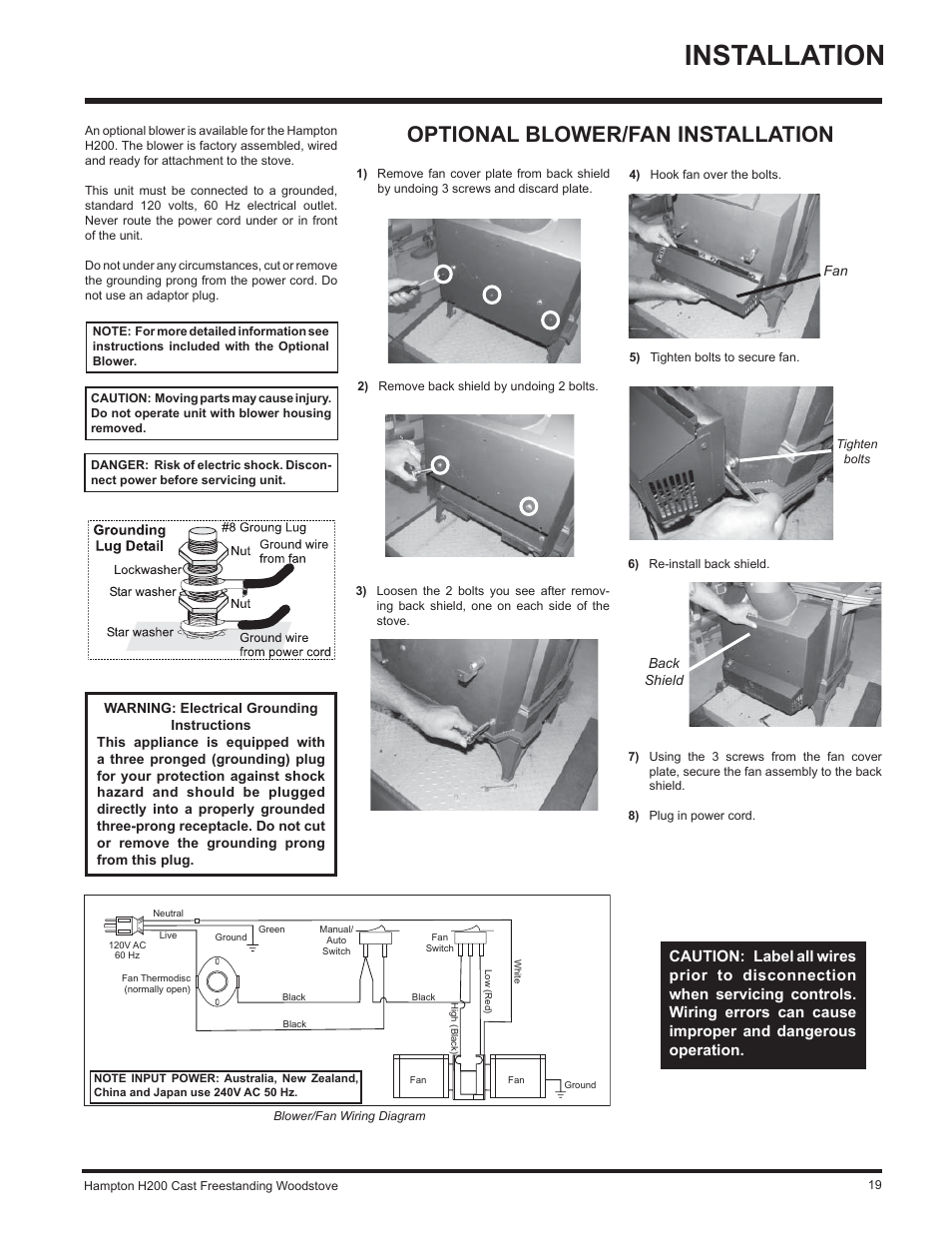 Installation, Optional blower/fan installation | Hampton Direct H200 User Manual | Page 19 / 36