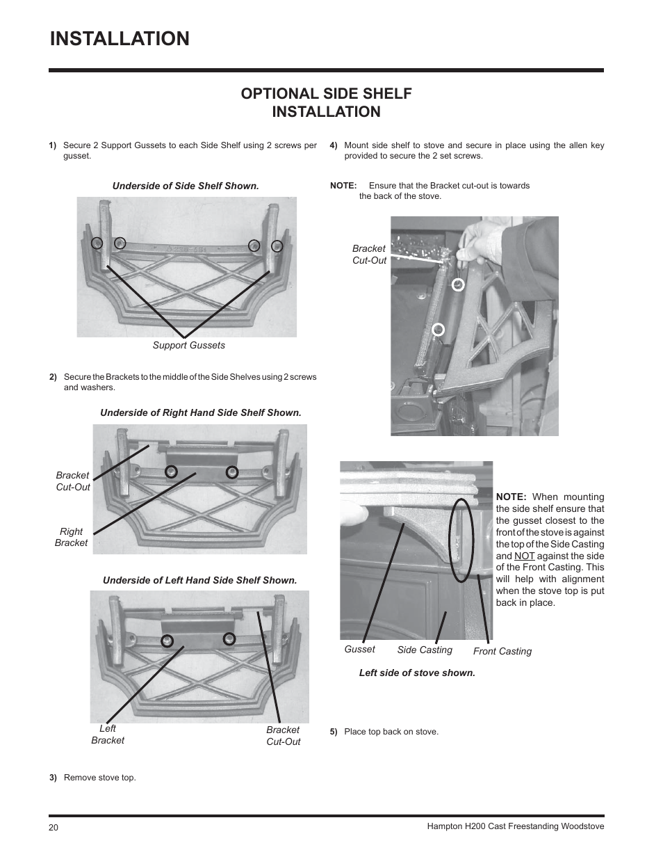 Installation, Optional side shelf installation | Hampton Direct H200 User Manual | Page 20 / 36