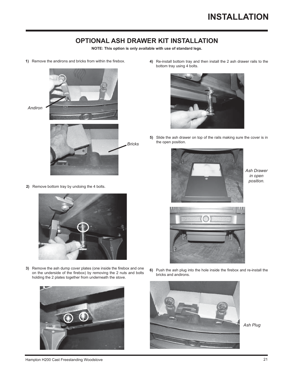 Installation, Optional ash drawer kit installation | Hampton Direct H200 User Manual | Page 21 / 36