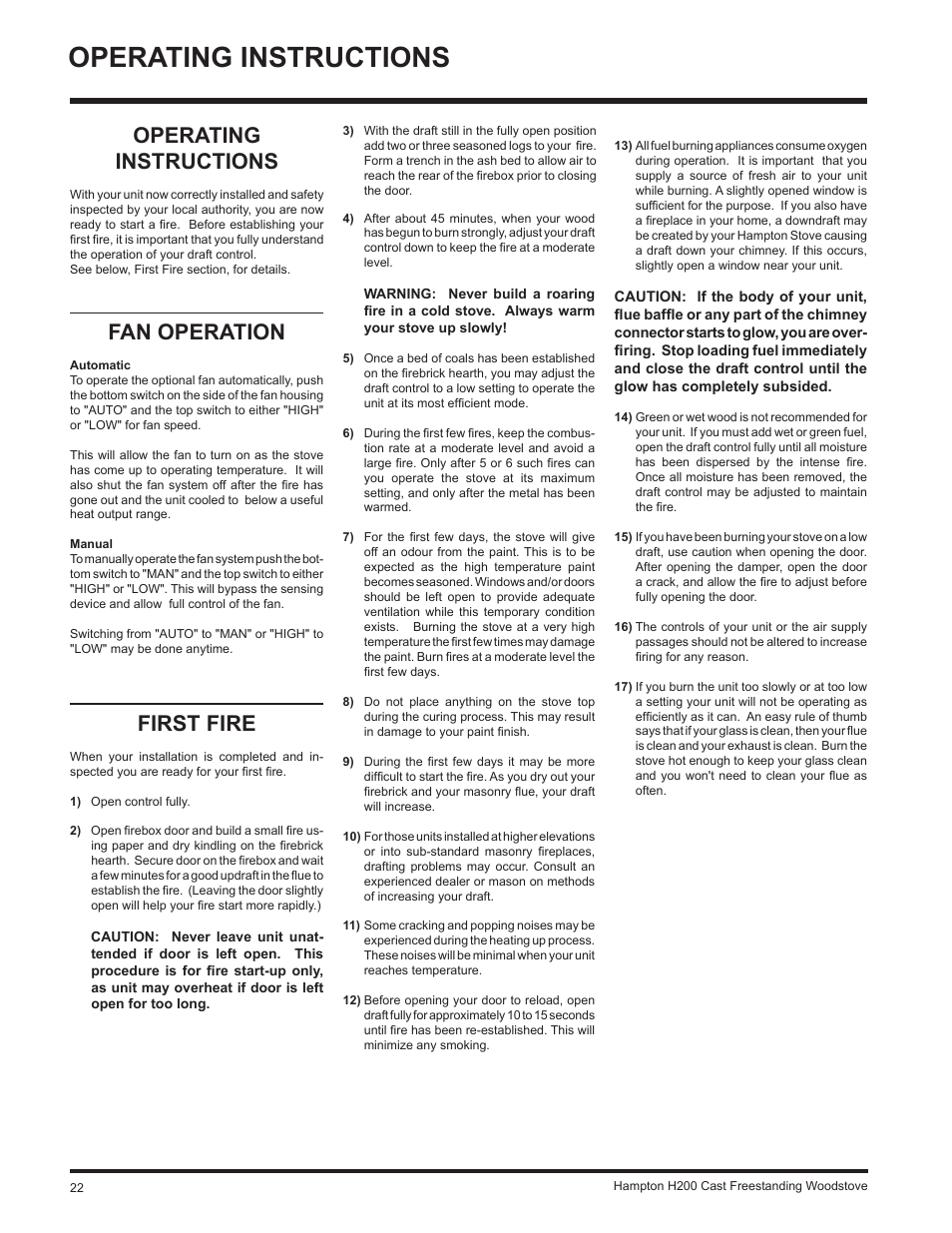 Operating instructions, First fire, Fan operation | Hampton Direct H200 User Manual | Page 22 / 36