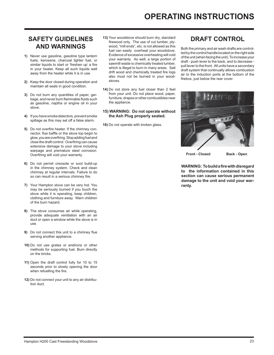 Operating instructions, Safety guidelines and warnings, Draft control | Hampton Direct H200 User Manual | Page 23 / 36